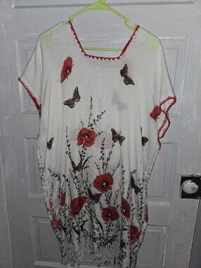 Mexican White Floral Butterfly Tunic with Red Trim